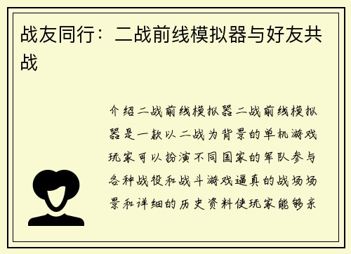 战友同行：二战前线模拟器与好友共战
