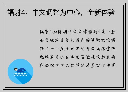 辐射4：中文调整为中心，全新体验